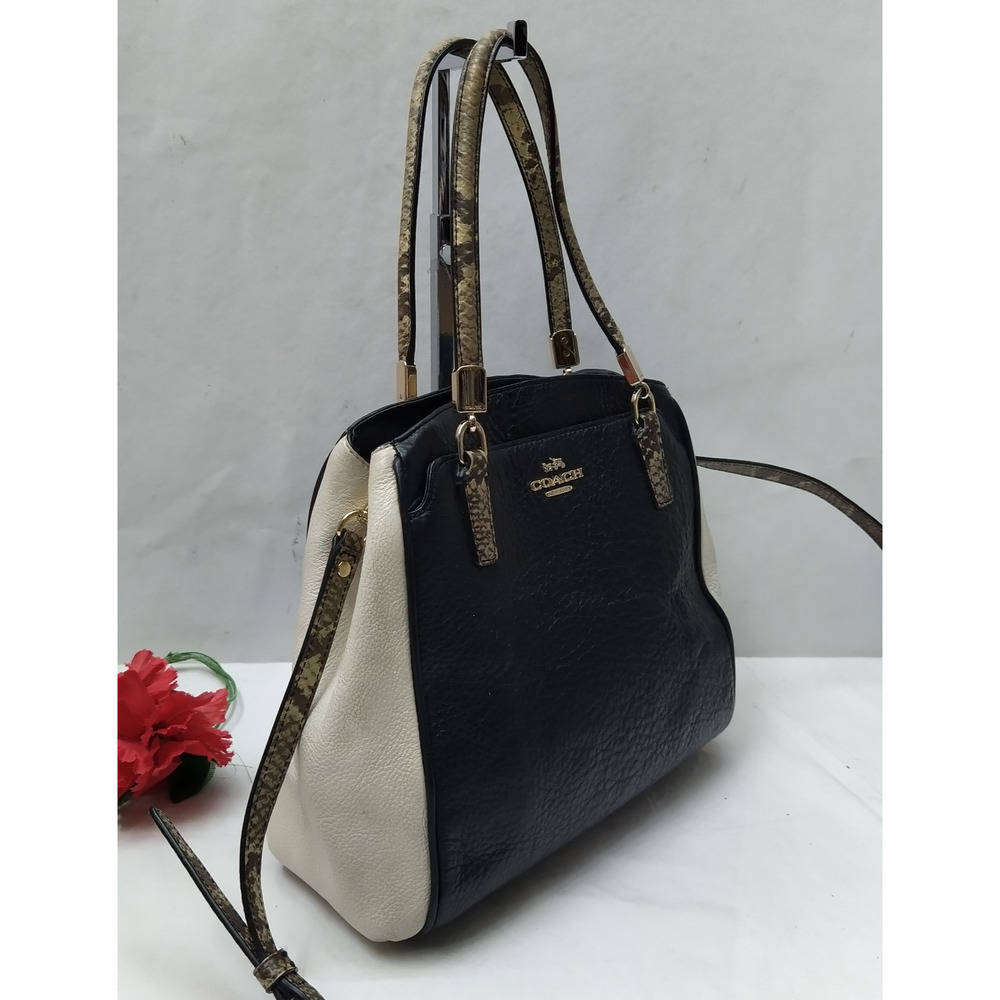 Coach Minetta Black Pebbled Leather Snakeskin Detail Satchel Crossbody Bag - Picture 2 of 16